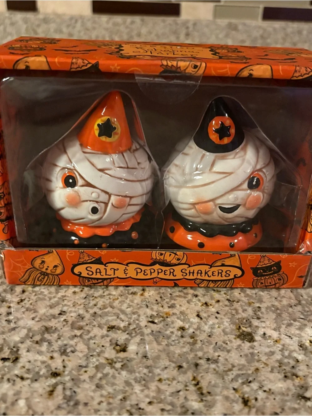 Transpac Johanna Parker Halloween Mummy Salt & Pepper Shakers - Orange & Black